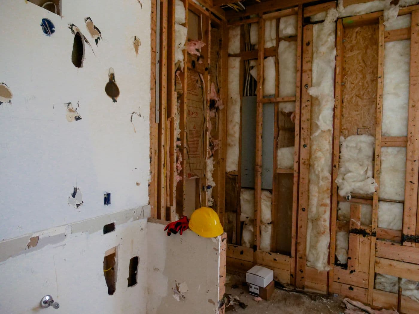 Room gutted down to the studs during interior demolition